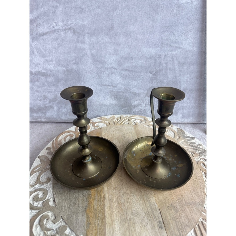 Vintage Solid Brass Chamberstick Candle Holders Pair Finger Loop Handle 7 Inch
